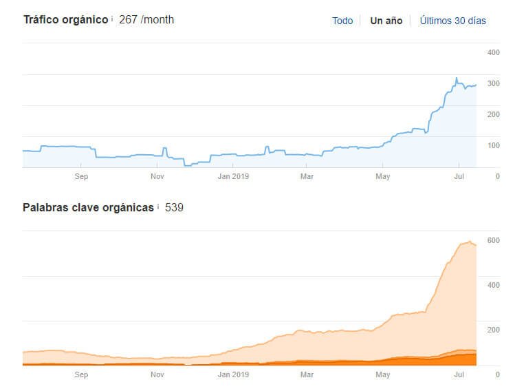 Gráfico del tráfico y palabras clave orgánicas