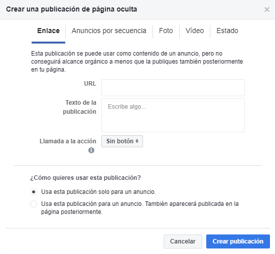 Crear una publicación de página oculta