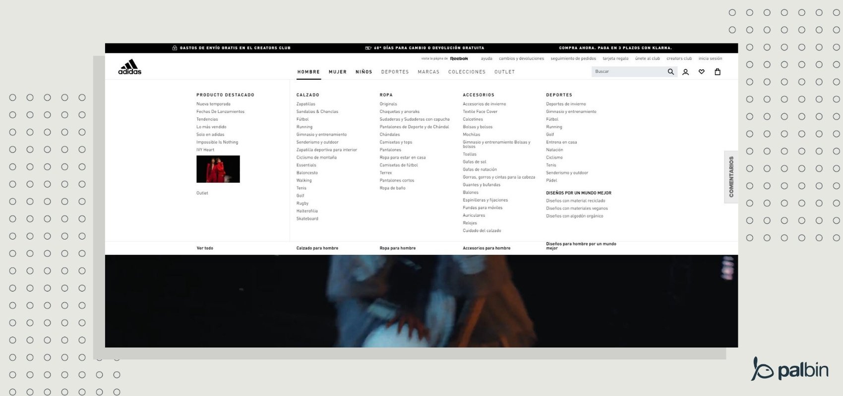Ejemplo megamenú en Adidas