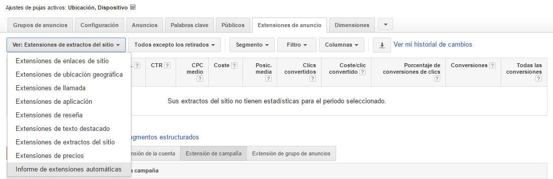 Diferentes opciones de extensión a elegir