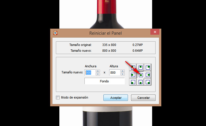 Panel tamaño imagen de producto
