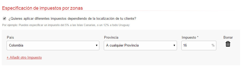Especificación de impuestos por zonas