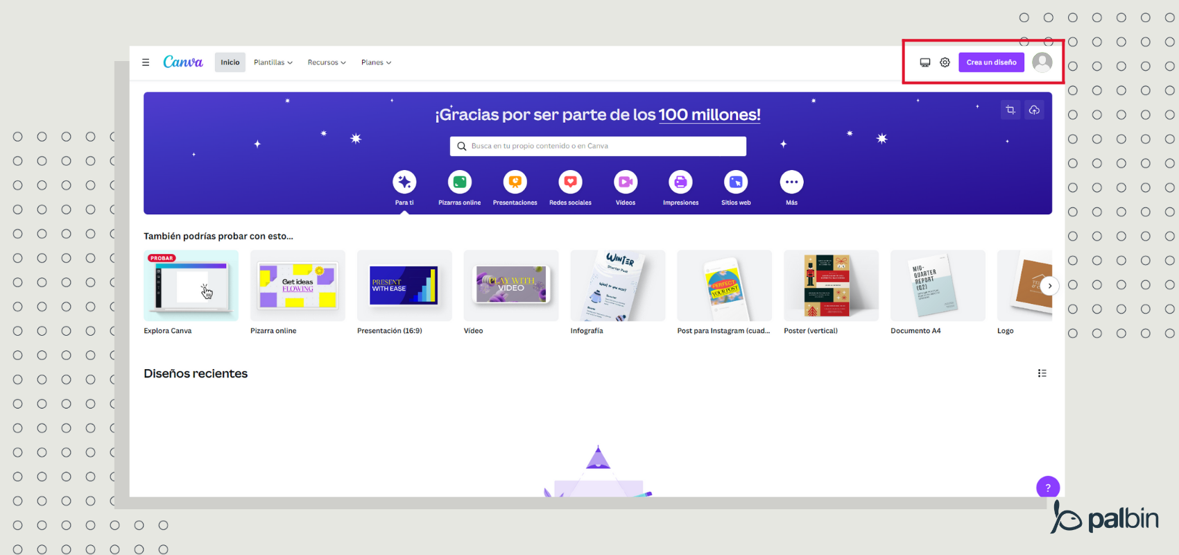 Panel para crear un diseño en Canva