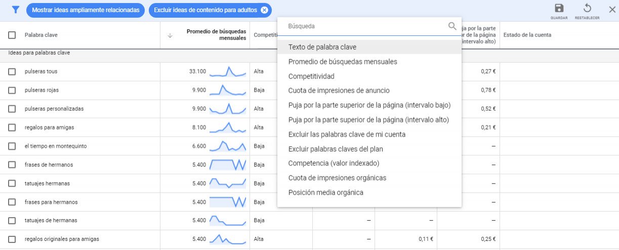 filtros del planificador