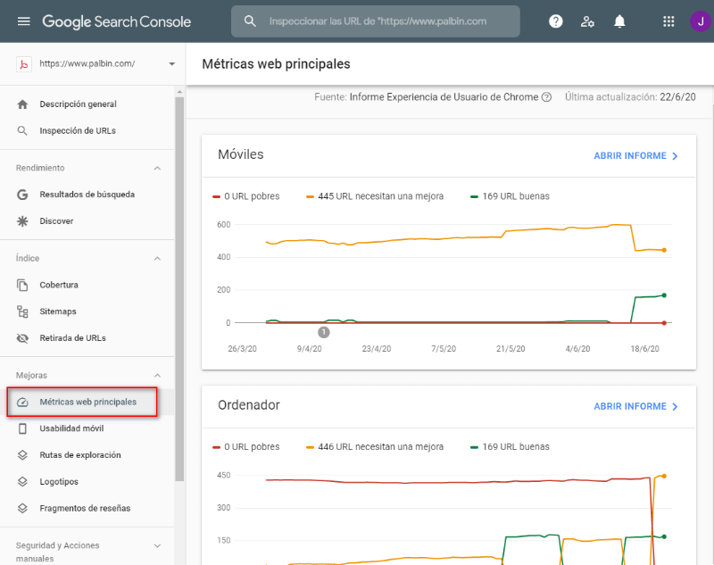 Informe de Métichas web principales en Google Search Console