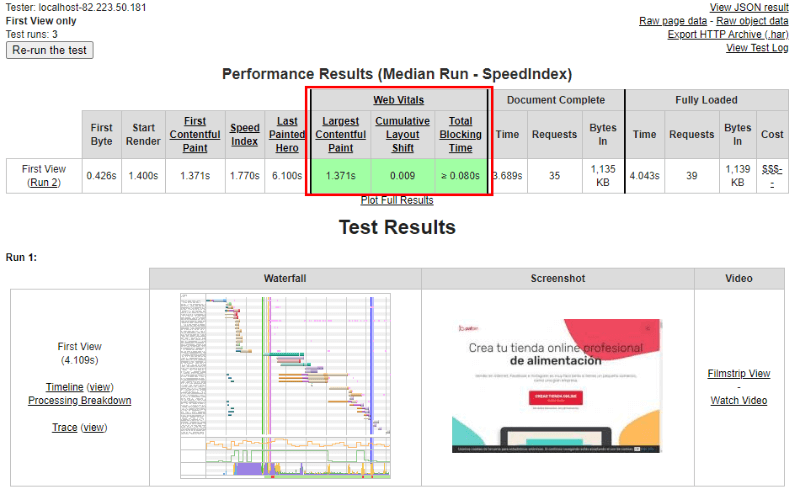Resultados de Core Web Vitals en webpagetest.org