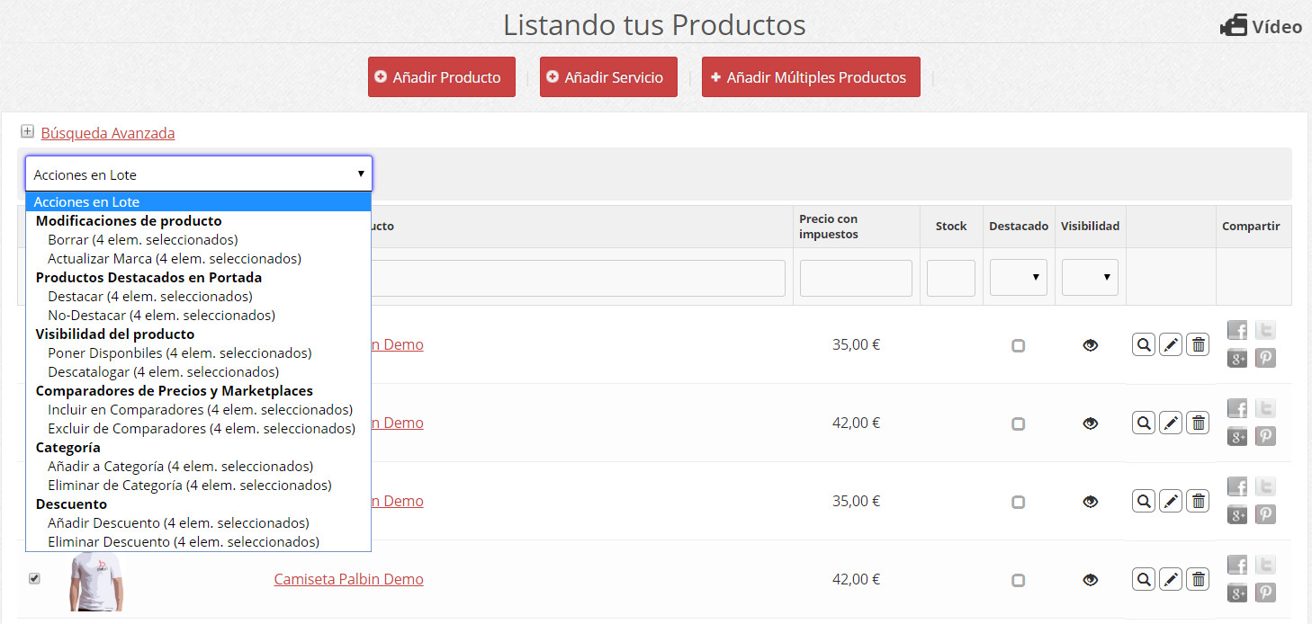 Imagen del desplegable de acciones en lote