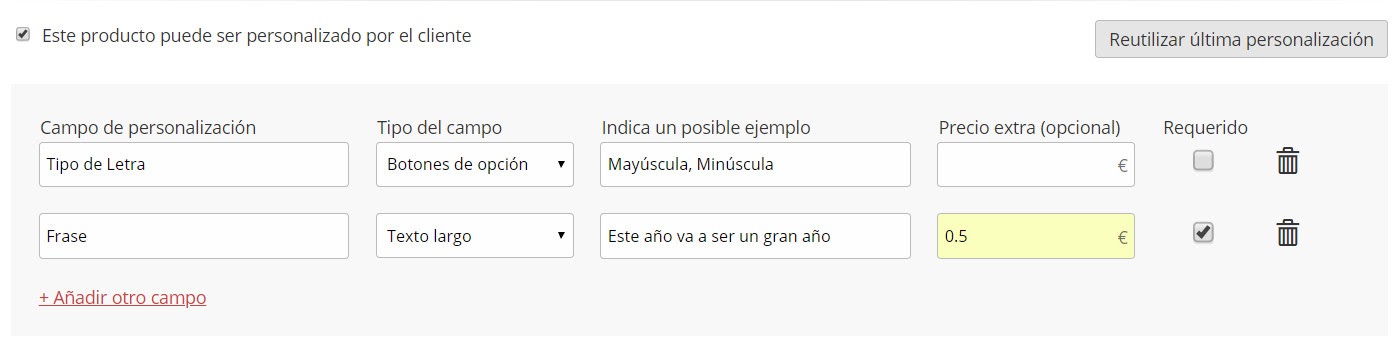 Ficha de producto personalizado en administración
