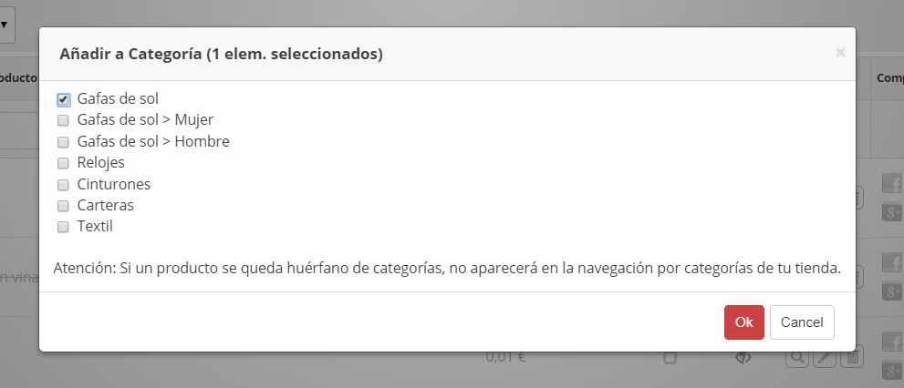 Imagen para incluir o excluir productos de categorías
