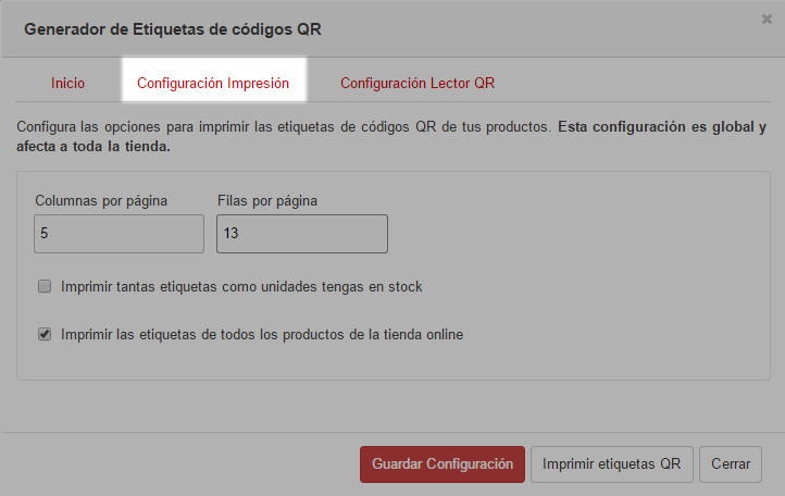 Imagen de configuración de impresión de códigos QR