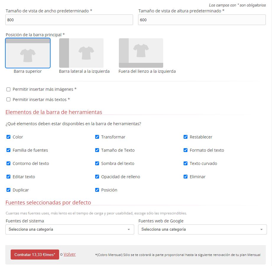 Configuración previa de la aplicación de Productos Personalizables