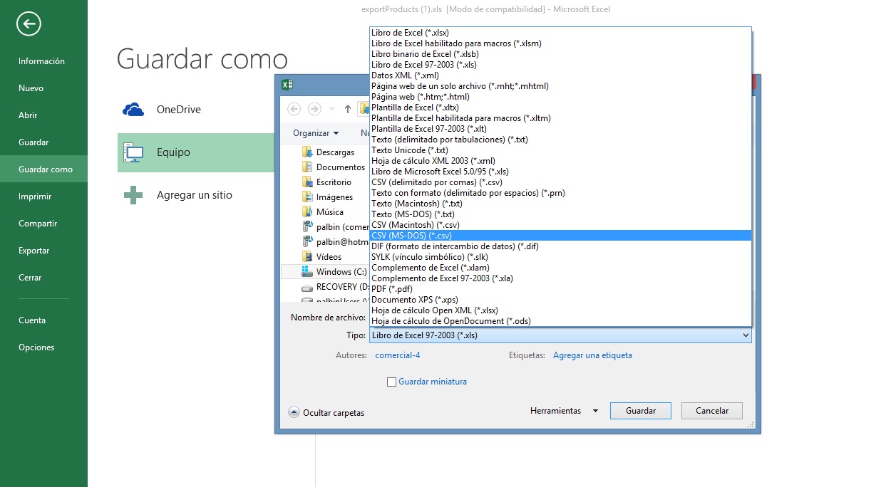 Pasar Archivo Excel a CSV