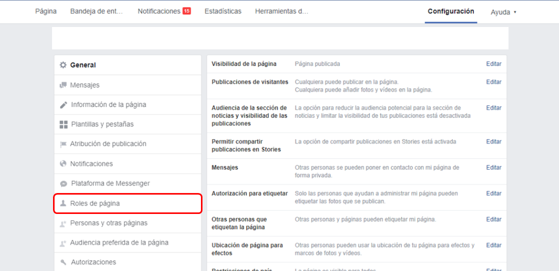 Captura de pantalla de roles de página
