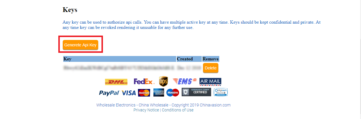 Imagen para generar la API Key de Chinavasion