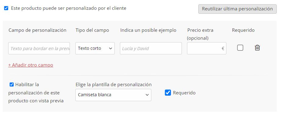 Habilitar personalización de productos