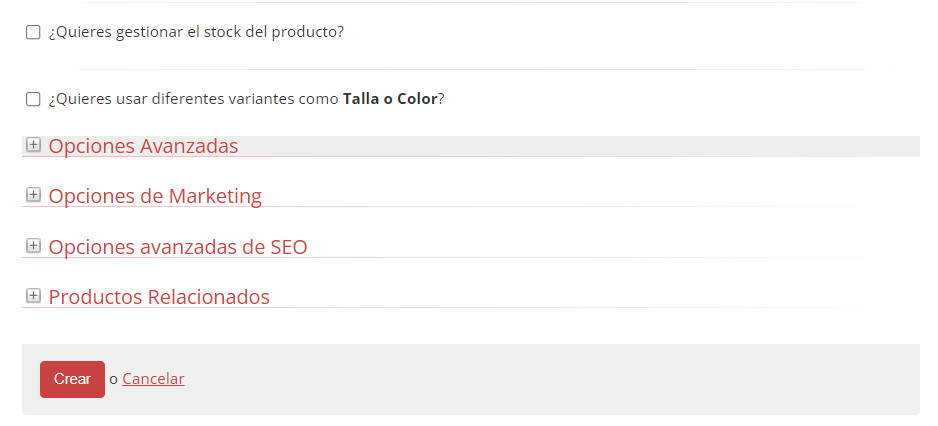 Opciones avanzadas de producto
