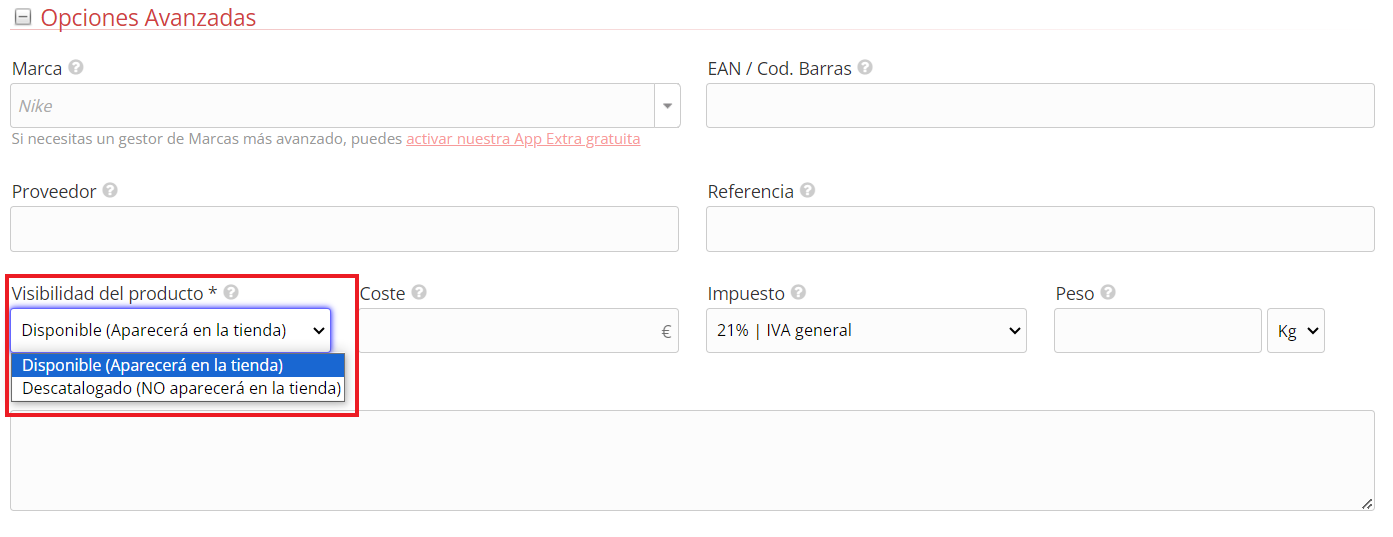 Opciones avanzadas de producto
