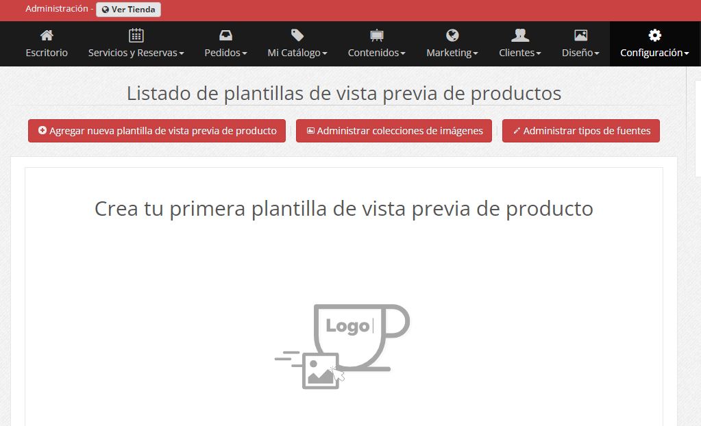 Sección de plantillas de Productos Personalizados