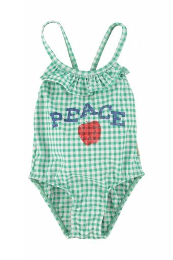 Piupiuchick,swimsuit w/ ruffles | green checkered  w/ "peace" print