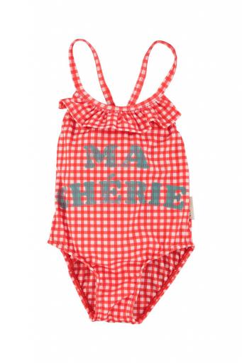 Piupiuchick,swimsuit w/ ruffles | red checkered w/ "ma chérie" print