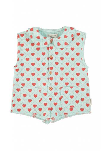 Piupiuchick,short sleeveless jumpsuit | light blue w/ red hearts allover
