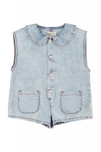 Piupiuchick,short sleeveless jumpsuit | blue light denim w/ apple print