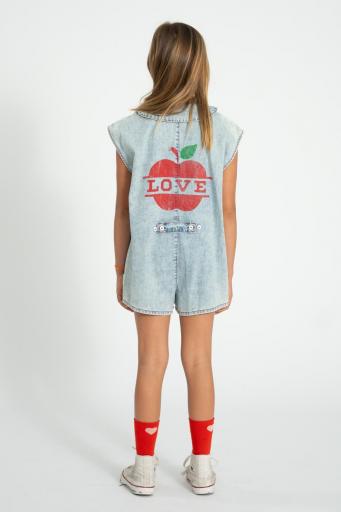 Piupiuchick,short sleeveless jumpsuit | blue light denim w/ apple print [2]