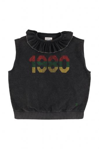 Sisters Department,Sleeveless sweatshirt w/ collar | Washed black w/ "1980" print