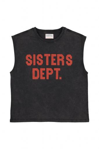 Sisters Department ,"Sleeveless t-shirt w/ round neck | Washed black w/ ""sisters dept"" print"