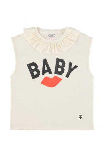 Sisters Department,Sleeveless t-shirt w/ collar | Ecru w/ red lip print