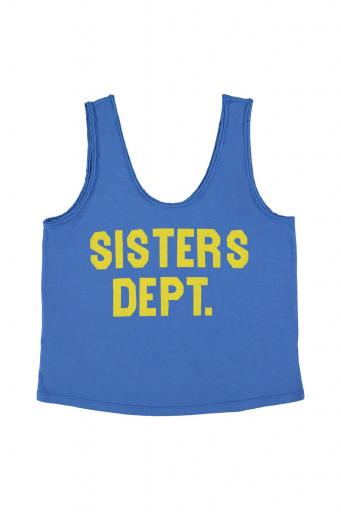 Sisters Department,"Sleeveless top w/ v-neck | Blue w/ ""sisters dept."" print "