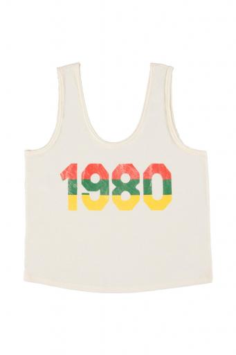 Sisters Department,"Sleeveless top w/ v-neck | Ecru w/ ""1980"" print "