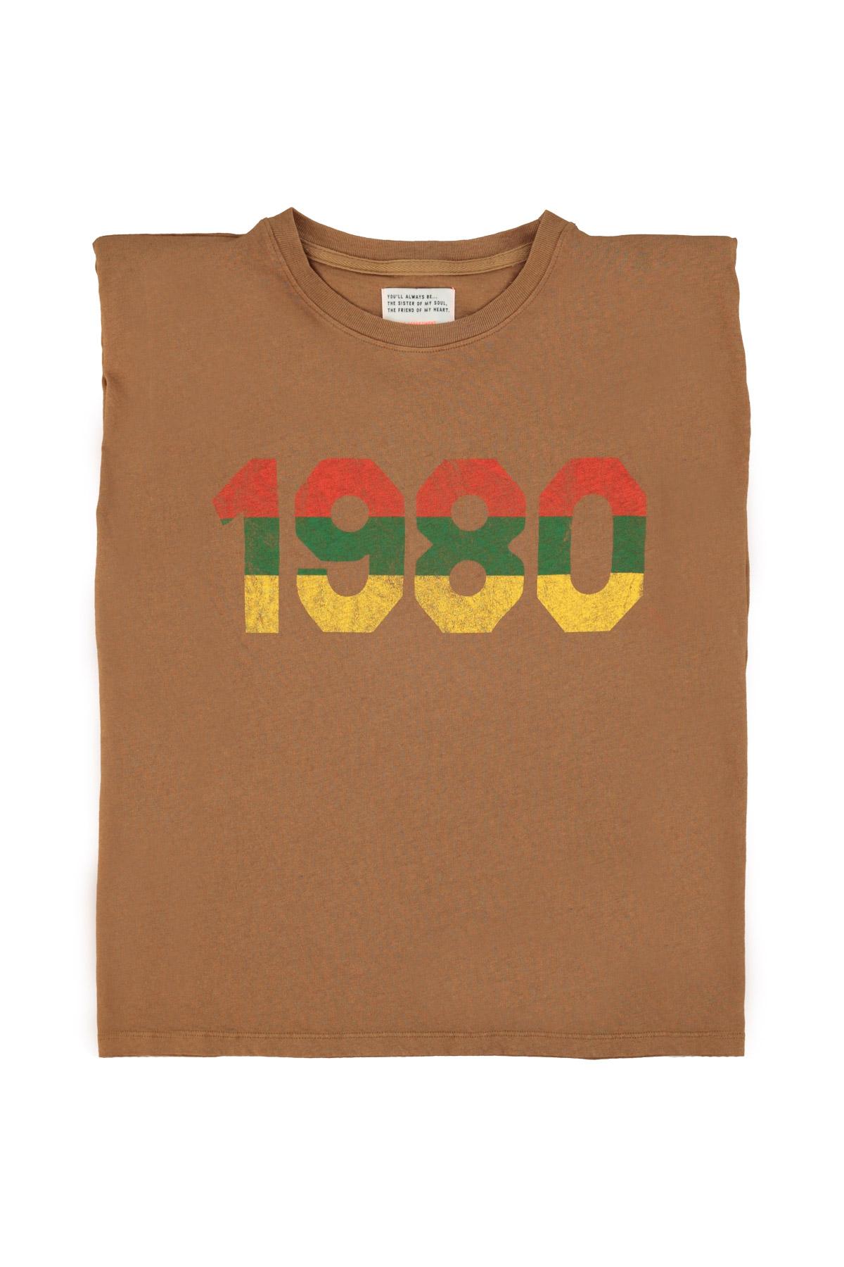 Sisters Department,"Sleeveless t-shirt w/ shoulder pads | Brown w/ ""1980"" print"