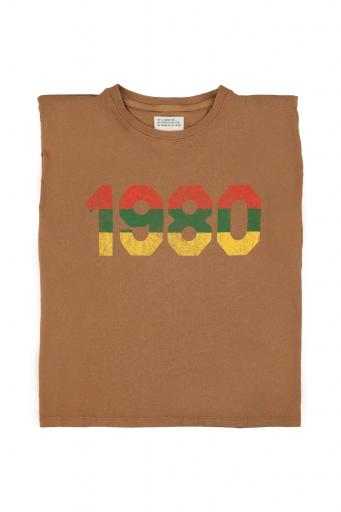 Sisters Department,"Sleeveless t-shirt w/ shoulder pads | Brown w/ ""1980"" print"