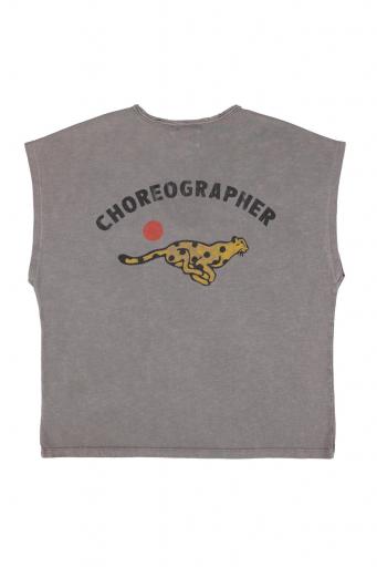 Sisters Department," Sleeveless t-shirt w/ deep round neck | Grey w/  ""choreographer"" print"