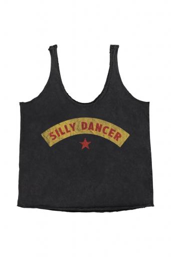 Sisters Department," Top w/ v-neck | Washed black w/ ""silly dancer"" print"