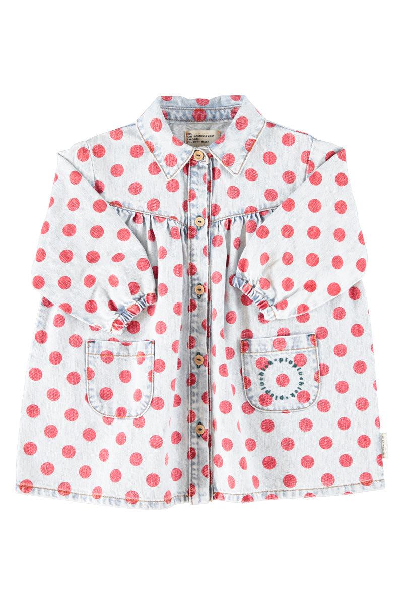 Piupiuchick,Short Dress Light Blue Denim with Red Dots