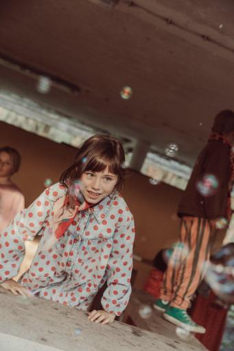 Piupiuchick,Short Dress Light Blue Denim with Red Dots [3]