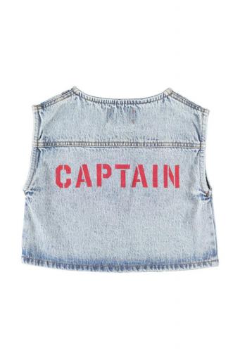 Piupiuchick,Waistcoat Fadded Light Blue Denim with "captain" Print [2]