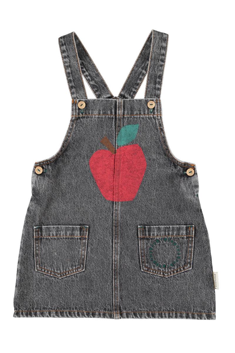 Piupiuchick,Short Dress with Straps Washed Black Denim with Apple Print