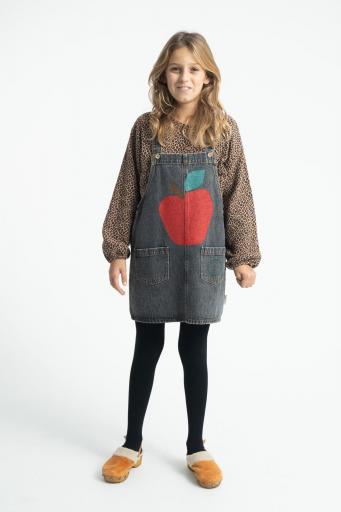 Piupiuchick,Short Dress with Straps Washed Black Denim with Apple Print [1]