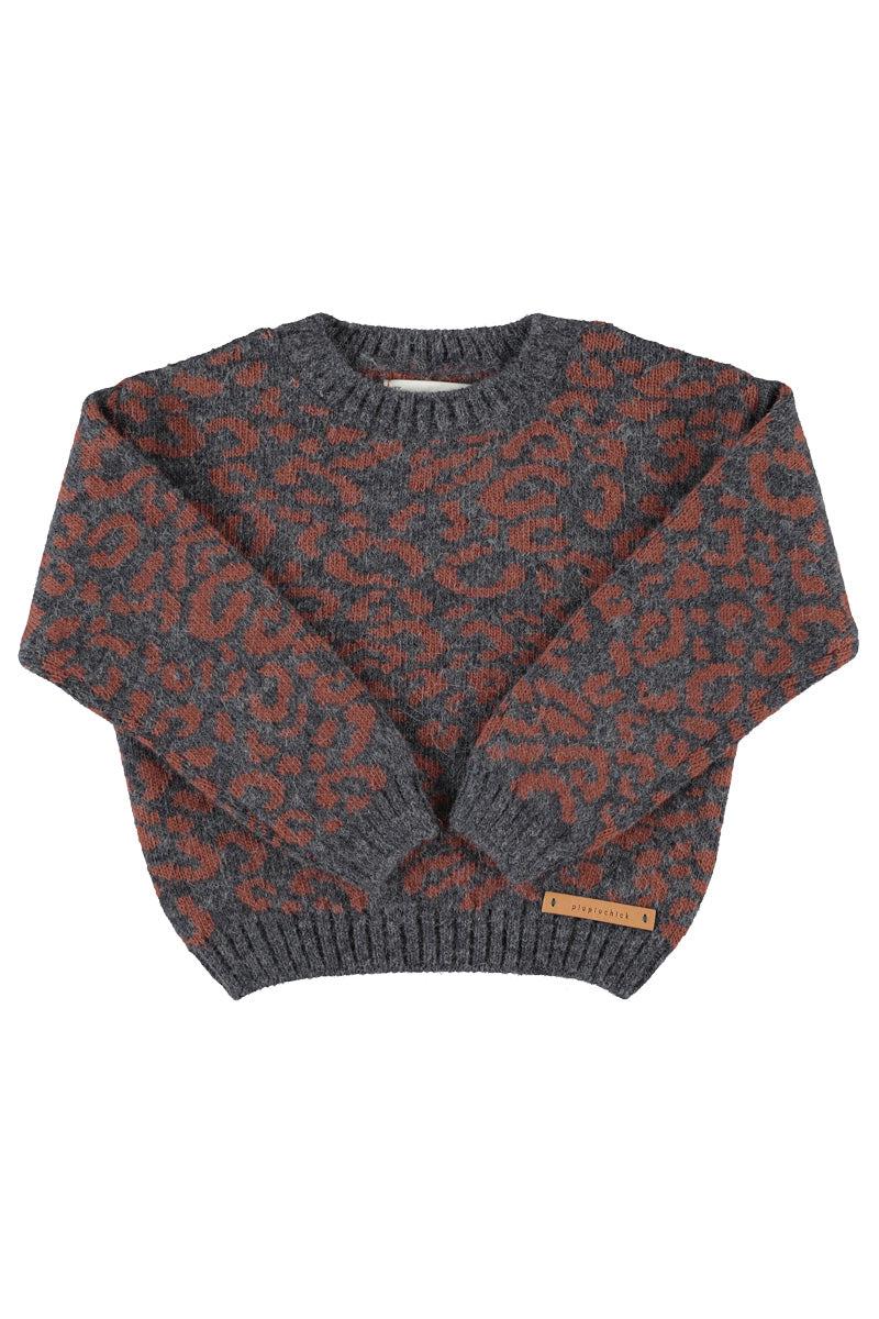 Piupiuchick,Knitted Sweater Dark Grey with Animal Print