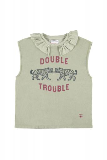 Sisters Department, Sleeveless t-shirt w/ ruffled collar | Light green w/ "double trouble" print [0]