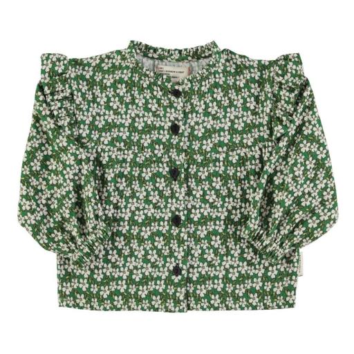 Piupiuchick,Blouse w/ frills on shoulders | Green flowers,Blusa flores verde