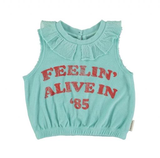 Piupiuchick,sleeveless top w/collar | blue w/ "feelin' alive" print