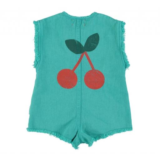 Piupiuchick,short sleeveless jumpsuit | turquoise w/ cherry print