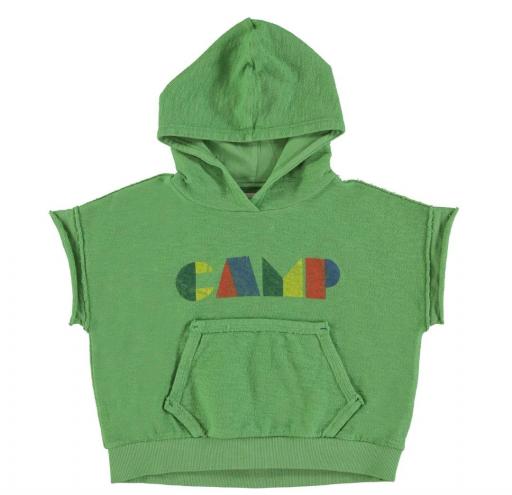 Piupiuchick,sleeveless hooded sweatshirt | green w/ multicolor "camp" print