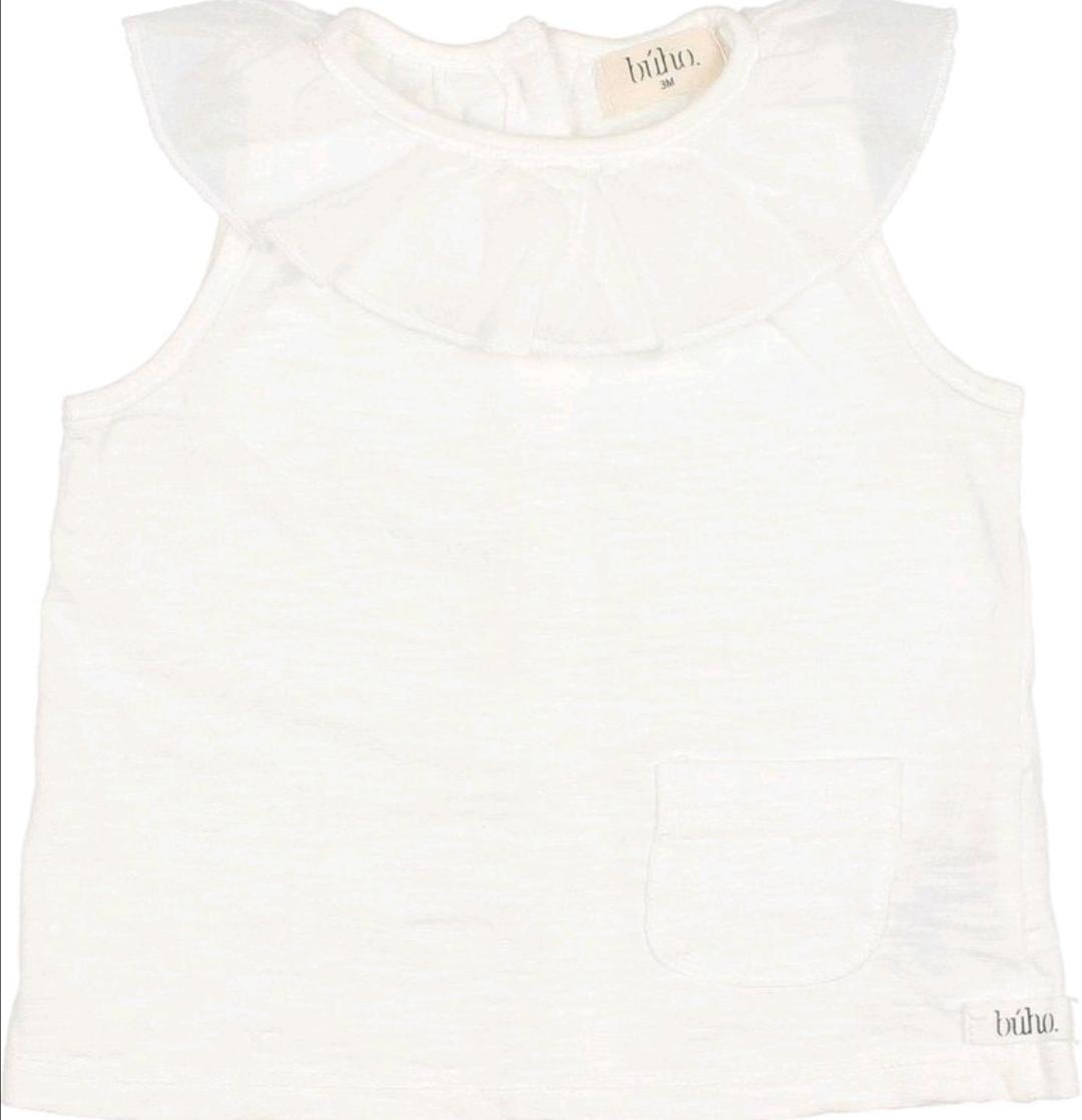 Búho,910 FRILL COLLAR T-SHIIRT WHITE, Camiseta bebe blanca cuello