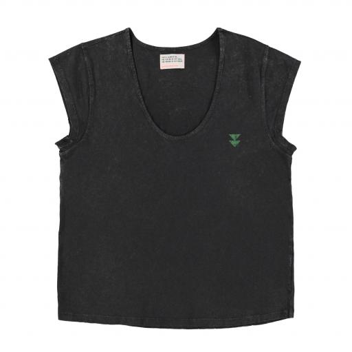 Sisters Department,Short sleeve t-shirt w/ deep round neck | Washed black w/ "green fish" print [1]