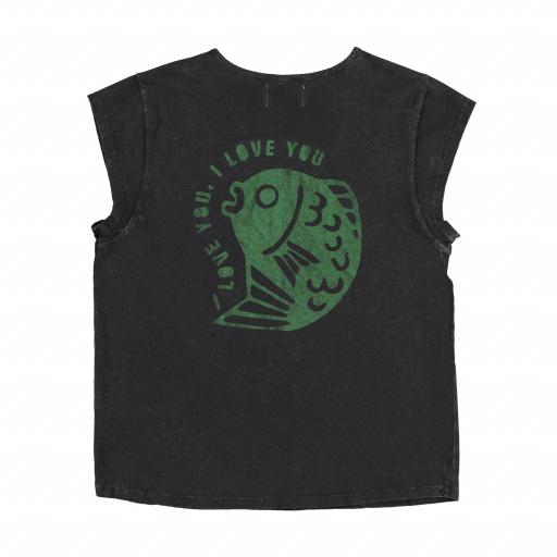 Sisters Department,Short sleeve t-shirt w/ deep round neck | Washed black w/ "green fish" print